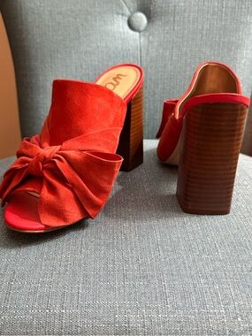 Sam Edelman Red Suede Knot-Front Block Heel Mules